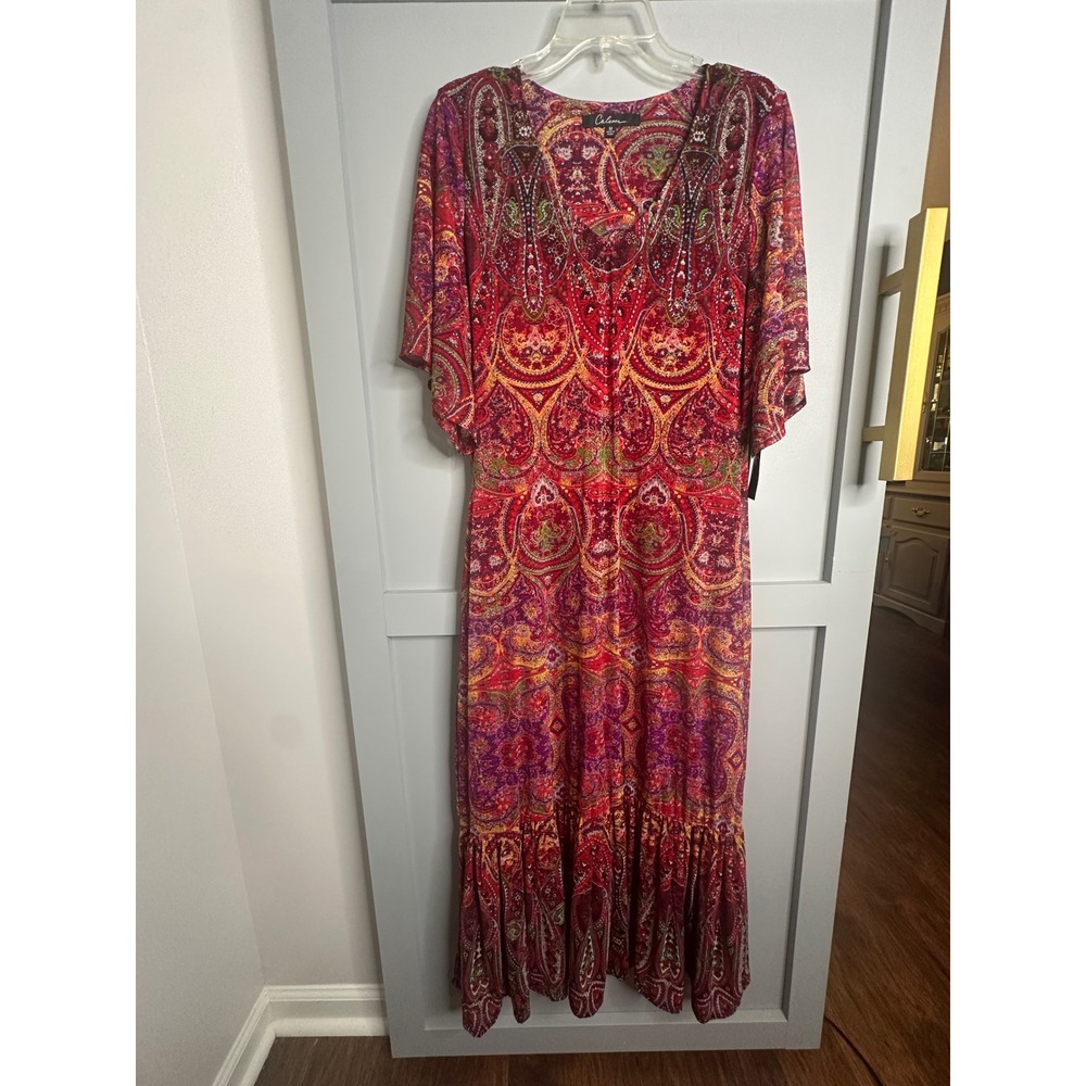 Calessa Red Multi Paisley V-Neck Maxi Dress FQ787069 Womens Medium NWT Boho